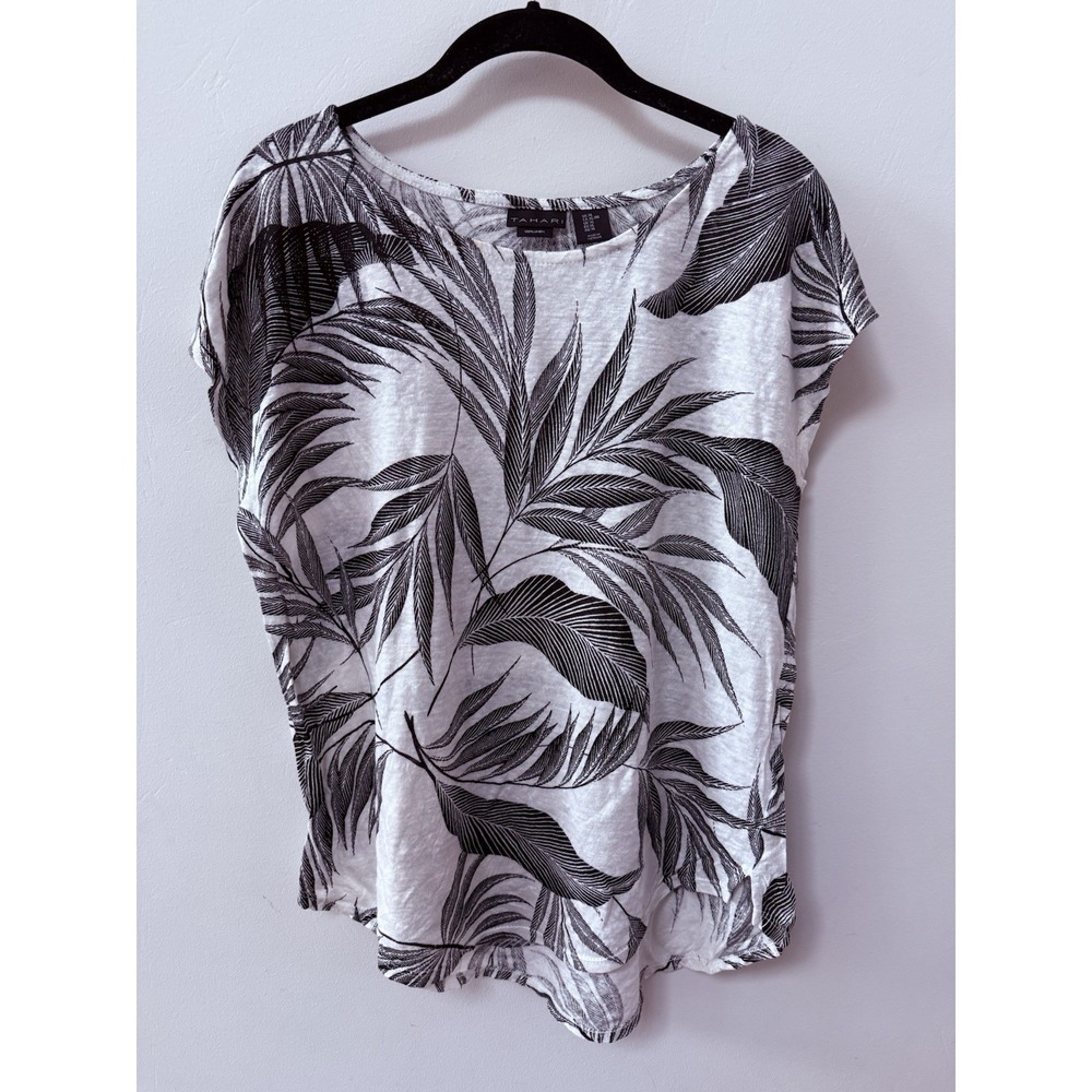 Tahari Linen Top Womens XL Black White Palm Leaf Print Cap Sleeve Summer Blouse
